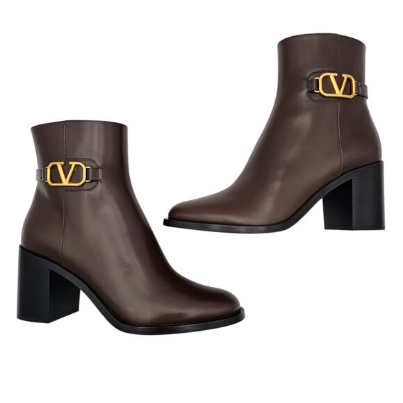 Valentino Garavani Vlogo Ankle Boot Block Heel Brown Leather Gold Size 39 US 9 - Picture 4 of 12